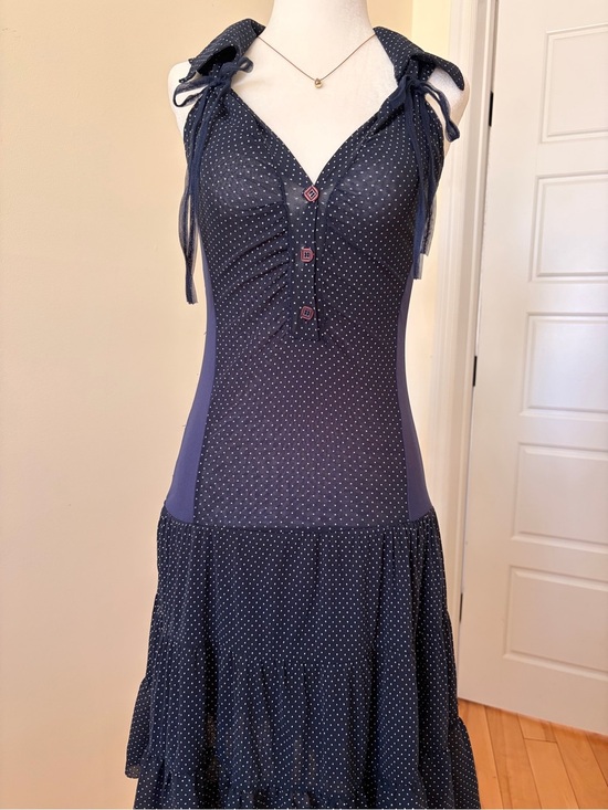 Vintage Dresses & Skirts - Vintage Polka Dot Chiffon Dress with Drop Waist and Button Detail